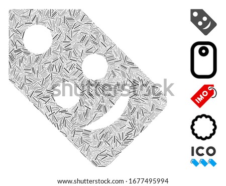 Line Mosaic based on smile tag icon. Mosaic vector smile tag is composed with random line elements. Bonus icons are added.