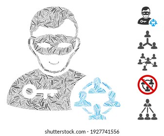 Line Mosaic based on social hacker icon. Mosaic vector social hacker is created with scattered line dots. Bonus icons are added.
