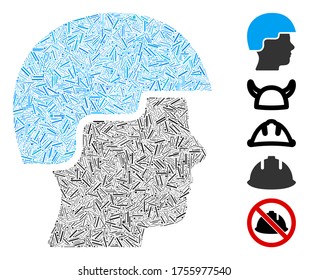 Line Mosaic based on soldier helmet icon. Mosaic vector soldier helmet is formed with random line items. Bonus icons are added.