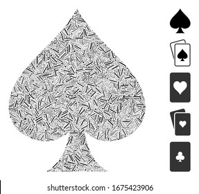 Line Mosaic based on spades suit icon. Mosaic vector spades suit is designed with random line elements. Bonus icons are added.
