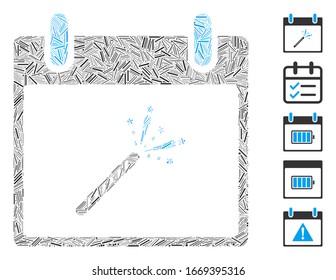 Line Mosaic based on sparkler firecracker calendar day icon. Mosaic vector sparkler firecracker calendar day is formed with scattered line spots. Bonus icons are added.