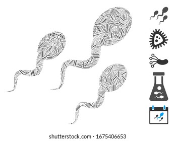 Linie Mosaik basierend auf Spermiensymbol. Mosaik Vektorillustration Sperma besteht aus randomisierten Zeilenpunkten. Bonussymbole werden hinzugefügt.