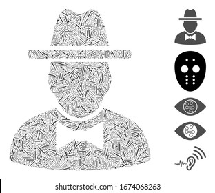 Line Mosaic based on spy icon. Mosaic vector spy is composed with random line spots. Bonus icons are added.