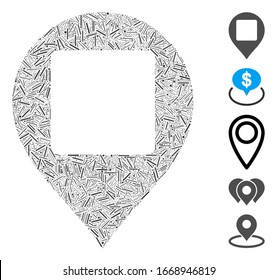 Line Mosaic based on square hole map marker icon. Mosaic vector square hole map marker is formed with random line items. Bonus icons are added.