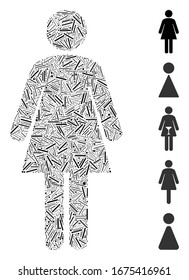 Line Mosaic based on standing woman icon. Mosaic vector standing woman is composed with randomized line dots. Bonus icons are added.