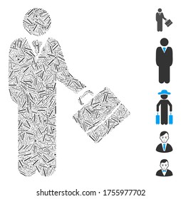 Line Mosaic based on standing businessman icon. Mosaic vector standing businessman is composed with scattered line dots. Bonus icons are added.