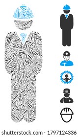 Line Mosaic based on standing engineer icon. Mosaic vector standing engineer is designed with randomized line spots. Bonus icons are added.