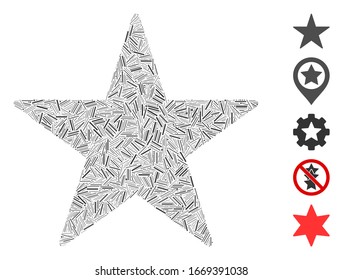 Line Mosaic based on star icon. Mosaic vector star is created with random line items. Bonus icons are added.