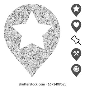 Line Mosaic based on star map marker icon. Mosaic vector star map marker is formed with random dash spots. Bonus icons are added.