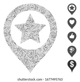 Line Mosaic based on star map marker icon. Mosaic vector star map marker is formed with scattered line elements. Bonus icons are added.