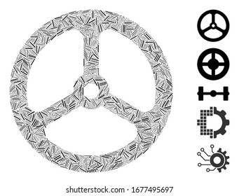 Mosaico de línea basado en el icono del volante. El volante vectorial mosaico se forma con puntos de línea aleatorizados. Se agregan iconos de bonificación.
