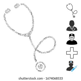Line Mosaic based on stethoscope icon. Mosaic vector stethoscope is designed with randomized line spots. Bonus icons are added.