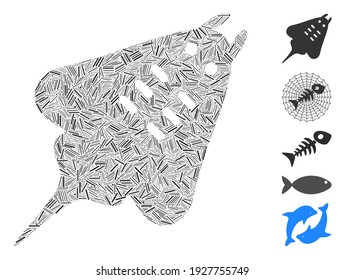 Line Mosaic based on stingray fish icon. Mosaic vector stingray fish is created with randomized line spots. Bonus icons are added.