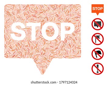 Line Mosaic based on stop banner icon. Mosaic vector stop banner is formed with random line spots. Bonus icons are added.