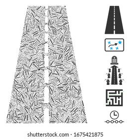 Line Mosaic based on straight road icon. Mosaic vector straight road is designed with random line spots. Bonus icons are added.