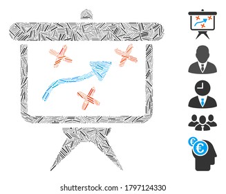 Mosaico de línea basado en el icono de estrategia. La estrategia del vector mosaico está diseñada con puntos de línea aleatorizados. Se agregan iconos de bonificación.