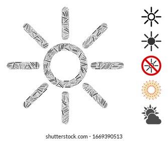 Line Mosaic based on sun icon. Mosaic vector sun is created with randomized line dots. Bonus icons are added.