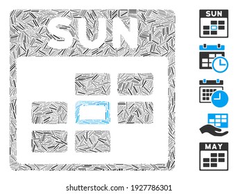 Line Mosaic based on Sunday calendar grid icon. Mosaic vector Sunday calendar grid is designed with scattered line dots. Bonus icons are added.