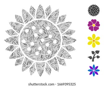 Line Mosaic based on sunflower flower icon. Mosaic vector sunflower flower is created with randomized line spots. Bonus icons are added.