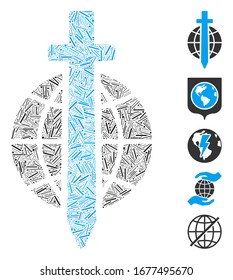 Line Mosaic based on sword globe icon. Mosaic vector sword globe is designed with randomized line spots. Bonus icons are added.