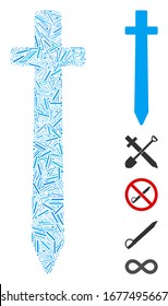 Linie Mosaik basierend auf dem symbolischen Schwertsymbol. Das symbolische Schwert der Vektorillustration der Mosaik besteht aus verstreuten Zeilenpunkten. Bonussymbole werden hinzugefügt.