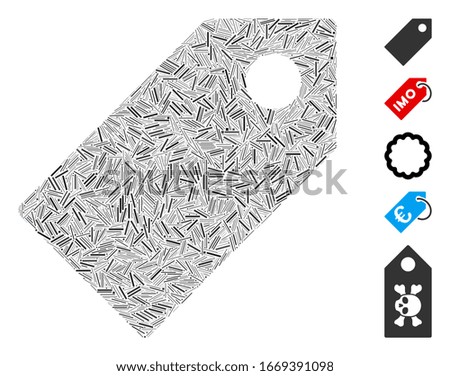 Line Mosaic based on tag icon. Mosaic vector tag is designed with randomized dash elements. Bonus icons are added.