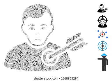 Line Mosaic based on target man icon. Mosaic vector target man is designed with scattered line elements. Bonus icons are added.