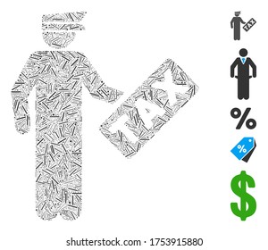 Line Mosaic based on tax officer icon. Mosaic vector tax officer is formed with randomized line items. Bonus icons are added.