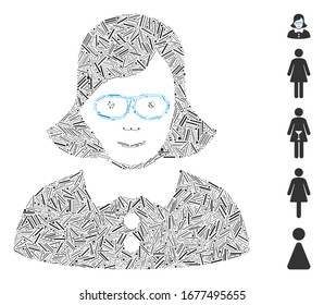 Line Mosaic based on teacher lady icon. Mosaic vector teacher lady is composed with random line spots. Bonus icons are added.