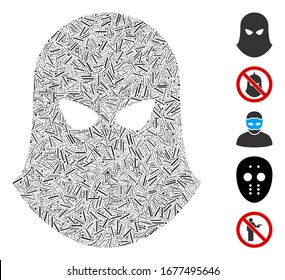 Line Mosaic based on terrorist balaklava icon. Mosaic vector terrorist balaklava is created with randomized dash dots. Bonus icons are added.