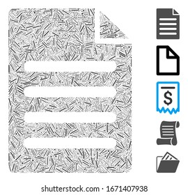 Line Mosaic based on text page icon. Mosaic vector text page is designed with random line spots. Bonus icons are added.