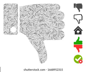 Line Mosaic based on thumb down icon. Mosaic vector thumb down is formed with scattered line spots. Bonus icons are added.