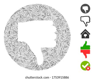 Line Mosaic based on thumb down icon. Mosaic vector thumb down is composed with scattered line elements. Bonus icons are added.