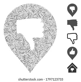 Line Mosaic based on thumb down marker icon. Mosaic vector thumb down marker is composed with random line items. Bonus icons are added.