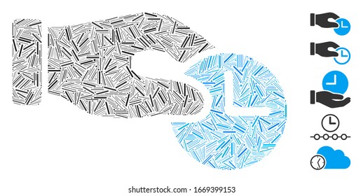 Line Mosaic basierend auf dem Symbol Zeiteigenschaften. Die Zeiteigenschaften der Mosaik-Vektorillustration werden mit randomisierten Zeilenpunkten erstellt. Bonussymbole werden hinzugefügt.