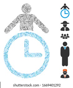 Mosaico de línea basado en el icono del gestor de tiempo. El administrador de tiempo del vector mosaico se crea con elementos de línea aleatoria. Se agregan iconos de bonificación.