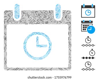 Line Mosaic based on time calendar day icon. Mosaic vector time calendar day is composed with scattered line spots. Bonus icons are added.