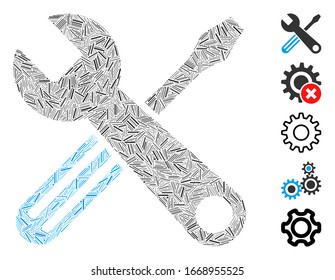 Line Mosaic based on tools icon. Mosaic vector tools is composed with randomized line items. Bonus icons are added.