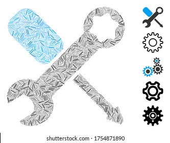 Line Mosaic based on tools icon. Mosaic vector tools is created with random line items. Bonus icons are added.