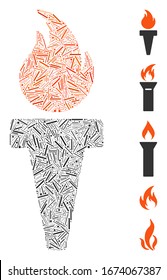 Line Mosaic based on torch fire icon. Mosaic vector torch fire is composed with random line elements. Bonus icons are added.