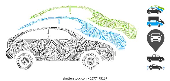 Line Mosaic based on traffic cars icon. Mosaic vector traffic cars is composed with random line dots. Bonus icons are added.