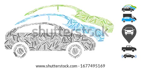 Line Mosaic based on traffic cars icon. Mosaic vector traffic cars is composed with random line dots. Bonus icons are added.