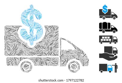 Line Mosaic based on transportation costs icon. Mosaic vector transportation costs is designed with random line items. Bonus icons are added.