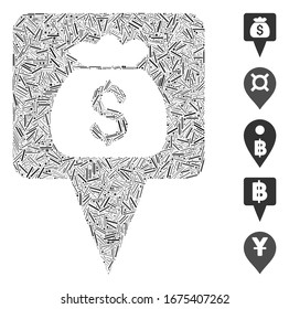 Line Mosaic based on treasure map pointer icon. Mosaic vector treasure map pointer is designed with random line spots. Bonus icons are added.