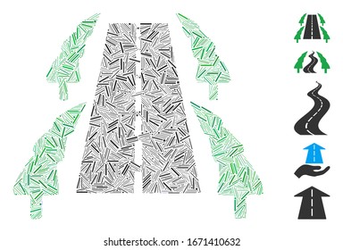 Line Mosaic based on tree alley road icon. Mosaic vector tree alley road is formed with scattered dash items. Bonus icons are added.