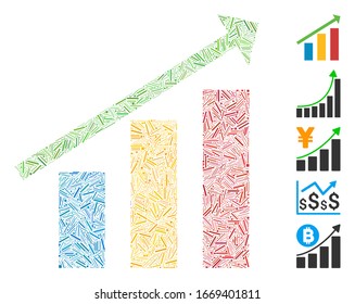 Line Mosaic based on trend icon. Mosaic vector trend is created with randomized line spots. Bonus icons are added.