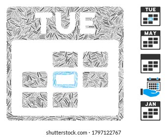 Line Mosaic based on Tuesday calendar grid icon. Mosaic vector Tuesday calendar grid is composed with randomized line items. Bonus icons are added.