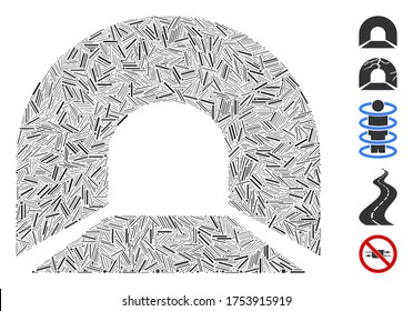 Line Mosaic based on tunnel icon. Mosaic vector tunnel is created with scattered line dots. Bonus icons are added.