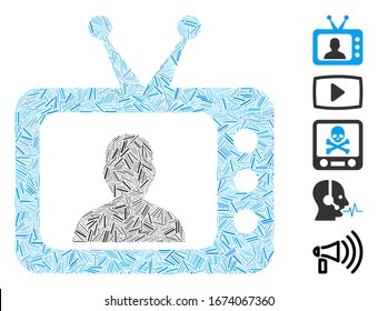 Line Mosaic based on TV speaker icon. Mosaic vector TV speaker is created with scattered line dots. Bonus icons are added.