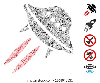 Line Mosaic based on UFO start icon. Mosaic vector UFO start is formed with randomized line elements. Bonus icons are added.